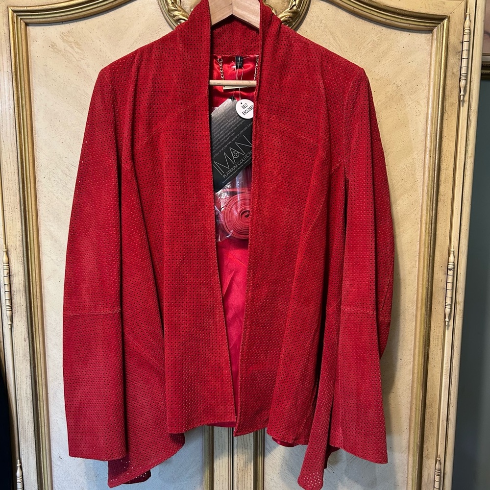 IMAN Platinum Red Suede Open Front Perforated Waterfall Belt & Jacket NEW NWT